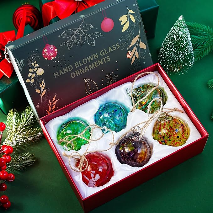 6pcs Hand-Blown Glass Christmas Ornaments Balls Hanging Glass Balls Witches Ball Gazing Ball for Home Window Outdoor Garden Patio Xmas Tree Décor