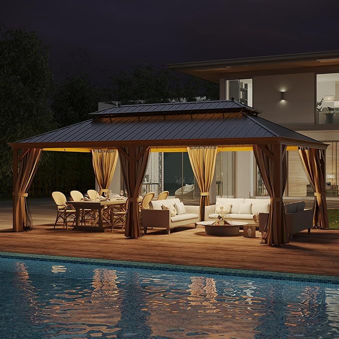 14' X 22' Hardtop Gazebo, Aluminum Wood-Looking Frame Outdoor Permanent Galvanized Steel Double Roof Pavilion Pergola Canopy with Privacy Curtains for Garden, Patio, Backyard, Deck and Lawns.