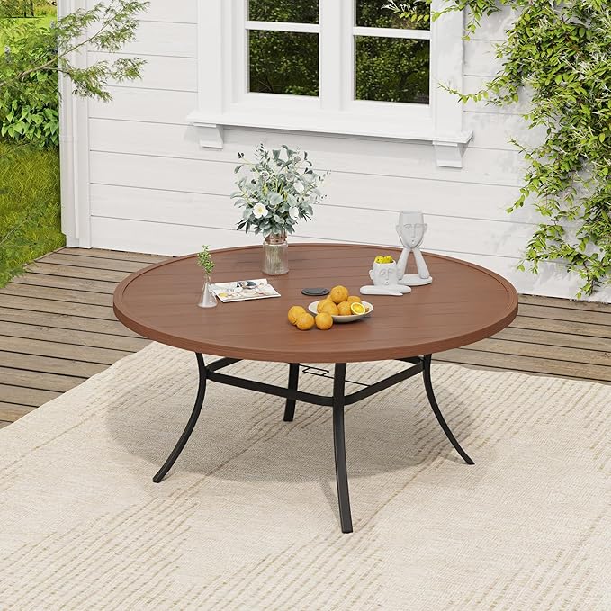 VICLLAX Outdoor Patio Round Dining Table, 53"x 53" Metal Slatted Round Tabletop with Adjustable Umbrella Hole for Deck Lawn Garden Backyard, Walnut