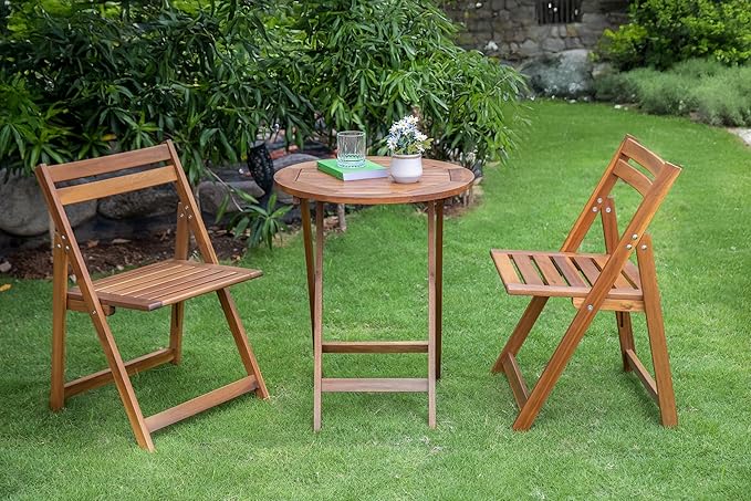 Acacia Wooden Chairs Set of 2, Folding Waterproof Small Patio Chairs with Waterproof and UV Coating, Indoor Outdoor Bistro Set for Garden Balcony Patio Lawn Living Room