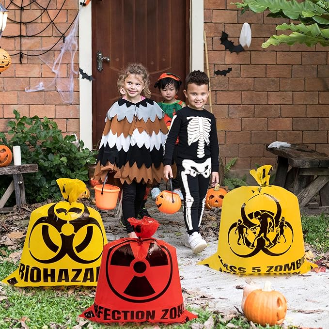 CNhoqc Halloween Lawn Trash Bags - 12Pcs Zombie Warning Reusable Waste Bags with Twist Ties, Fallen Leaf Grass Clipping Trash Container, Heavy-Duty Plastic for Biohazard Parties Outdoor Decorations