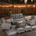 7 Piece Patio Furniture Set with Fire Pit Table - Wicker Patio Conversation Set with Swivel Glider, 3 Seat Sofa, Side Table and 2 Ottomans for Deck Backyard - Grey Wicker Grey Cushion