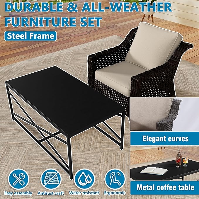 Vista Vibe 4 Pieces Outdoor Patio Conversation Furniture Set - 78" 3-seat Sofa | 2 Chairs | Metal Coffee Table, Deep Seat Loveseat, Removable Cushions, PE Rattan Couch, Lawn (Brown/Beige)