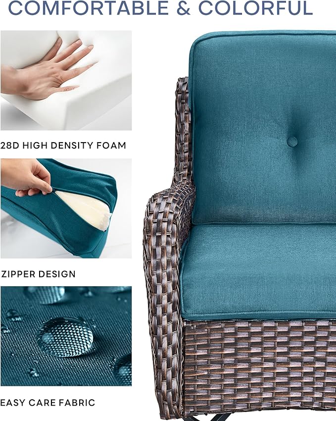Pop 22x25/22x24 Outdoor Cushions for Patio Couch Chairs Set of 3 - High Back Comfy Outside Seat Cushions for Wicker Rocker Glider Loveseat 3-Seater Sectional Sofa - Peacock Blue/Button