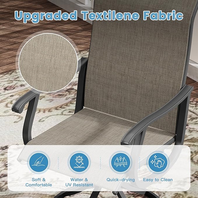 DIFY 7 Pieces Outdoor Patio Dining Set, 6 Brown Textilene Swivel Dining Chairs and 53.1" Walnut Round Metal Dining Table, Outdoor Table and Chairs
