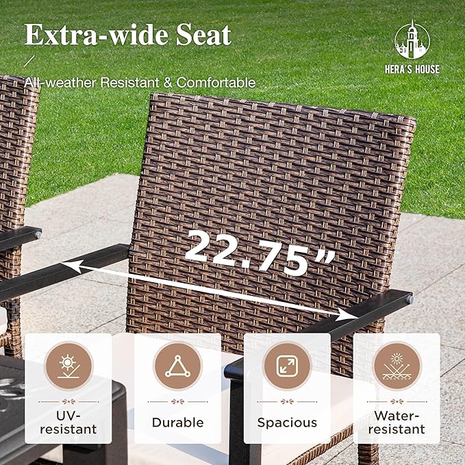 HERA'S HOUSE Outdoor Dining Set 5-Piece, 4 PE Wicker Patio Chair with Cushion & 37" Square Metal Dining Table with 1.57" Umbrella Hole for Lawn Garden Backyard Deck