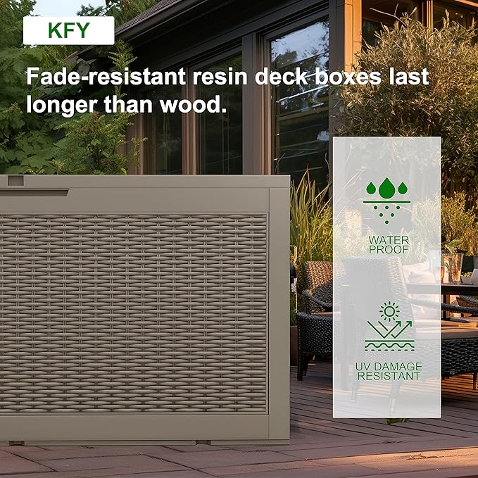 100 Gallon Resin Deck Box, Lockable Patio Outdoor Storage Box for Furniture, Garden Tools and Tools Storage, Waterproof Outside Storage Box - Grey