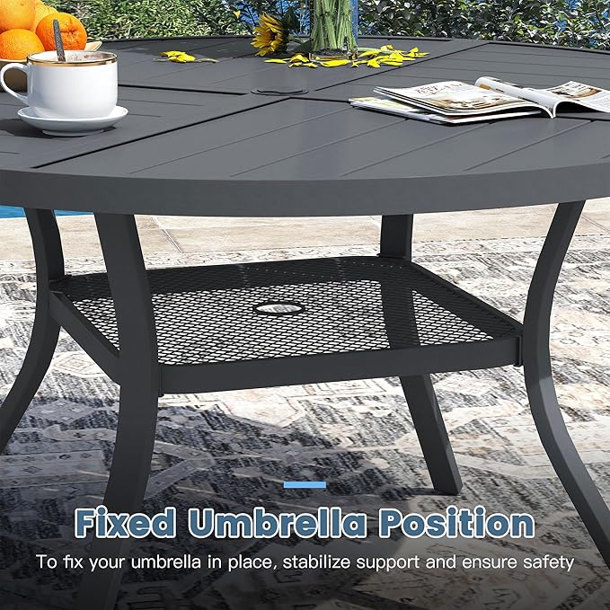 DIFY 47.2" Round Outdoor Patio Dining Table for 6, All-Weather Metal Steel Slatted Patio Table with 1.57" Adjustable Umbrella Hole, for Lawn Garden Porch Backyard, Grey