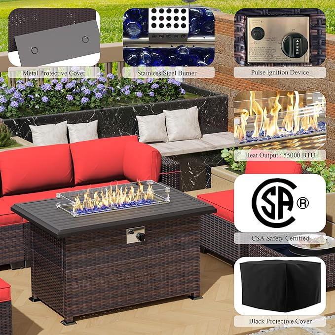 Outdoor Patio Furniture Sets with Propane Fire Pit Table, 8 Pieces Outdoor Furniture Patio Sectional Sofa Conversation Sets w/ETL Approved 43" Gas Outdoor Fire Table & Coffee Table (Red)