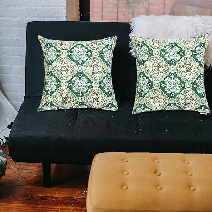 FUNHOME Outdoor Indoor Throw Pillows 18”x18”, Set of 2 Decorative Throw Pillows with Inserts, All Weather Water-Repellent Square Pillows for Bed, Couch, Sofa and Patio Furniture-Green Medal