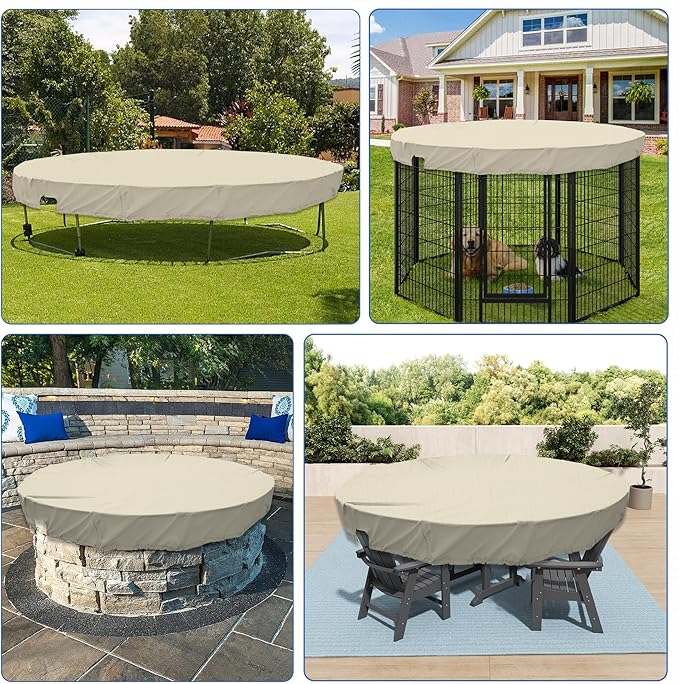 ECOOPTS 11 ft Waterproof Round Polyester Pool Cover for Above Ground Pools, Swimming Pool Cover Protector Winter Safety Cover (Beige)