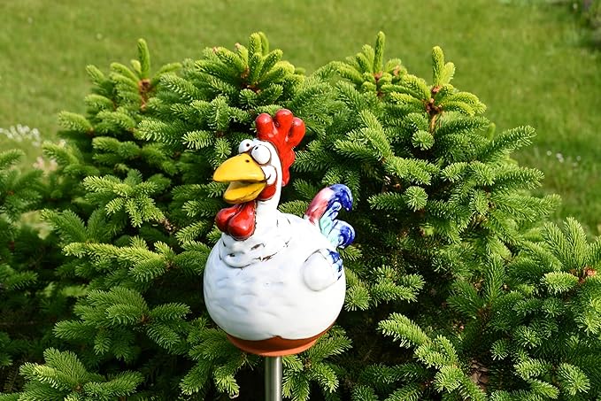 Ceramic Garden Decor - Rooster Lawn stake - Outdoor statue - Perfect, unique gifts for gardeners woman, men, yard gifts - Handmade, Frostproof