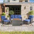 Wicker Outdoor Conversation Se with 50,000 BTU Gas Propane Fire Pit Tablet-6 Pieces Outdoor Wicker High Back Couch Patio Furniture for Deck Poolside Backyard