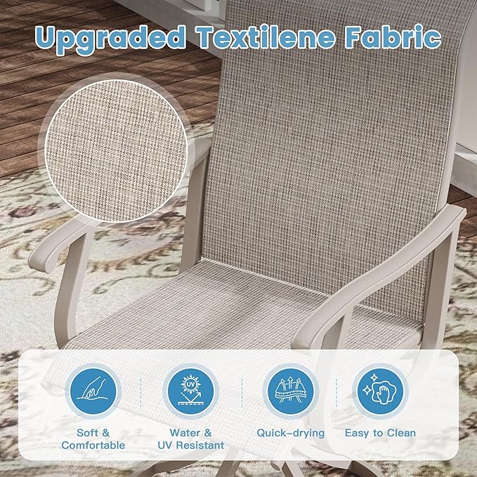 DIFY 3 Pieces Outdoor Patio Bistro Dining Set, 2 Sandshell Textilene Swivel Dining Chairs and 27.6" Grey Wood-Like Small Round Dining Table, Outdoor Table and Chairs