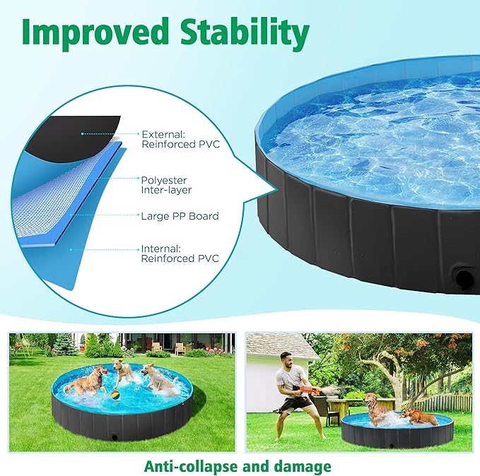 Yaheetech Foldable Dog Pool Collapsible Hard Plastic Dog Swimming Pool Portable Pet Pools Doggie Wading Pool Bath Tub for Puppy Small Medium Large Dogs, 79 x 12 Inches Black