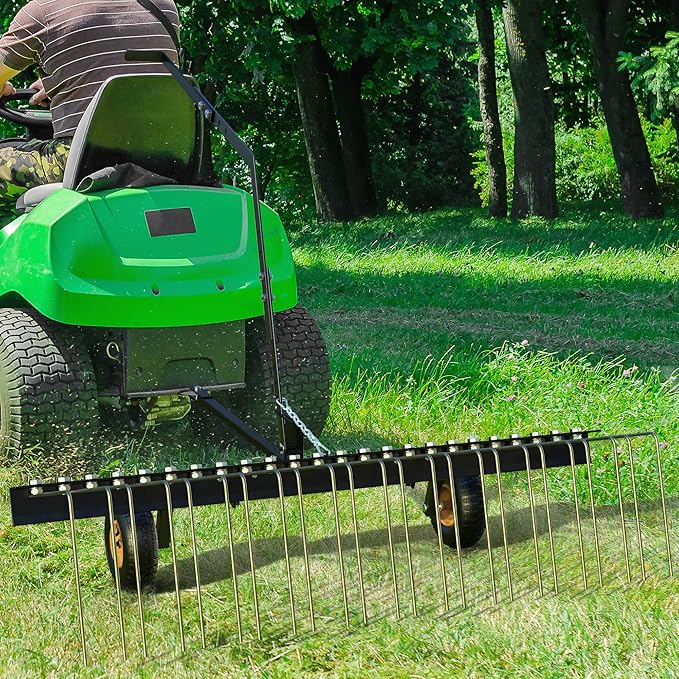 YITAMOTOR 60 Inch Tow Behind Dethatcher, Lawn Dethatcher Rake with 24 Spring Steel Tines & Lift Handle for ATV or Mover Tractors, Tow Behind Lawn Rakes for Leaves, Pine Needles, and Grass