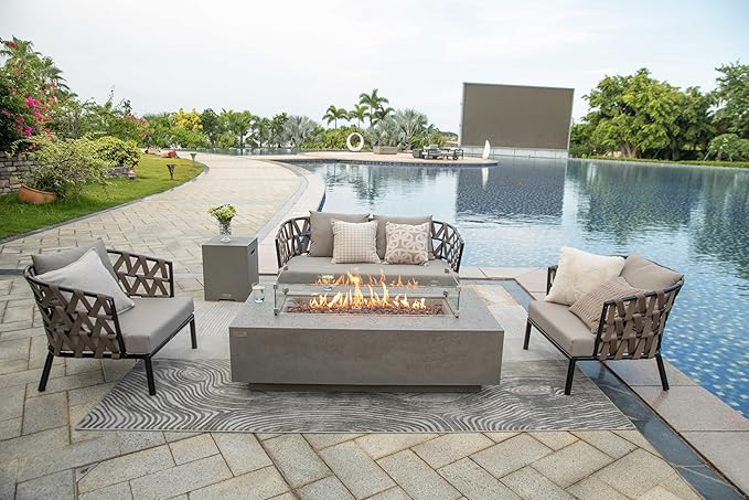AMS Creations | Madison 60" Bundle Rectangular Propane Gas Outdoor Fire Pit Table | Light Gray Concrete GFRC | Limestone Texture or Surface | Electronic Ignition | Outside Backyard Fireplace