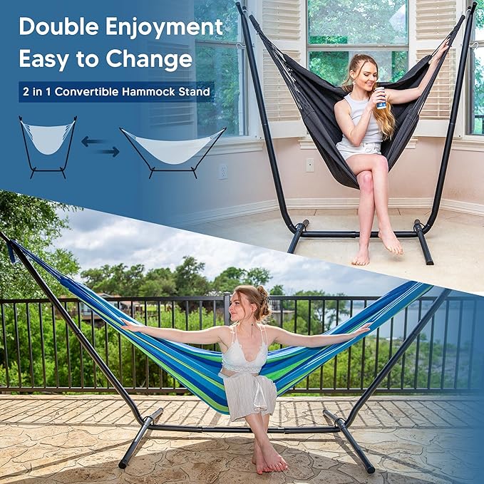 SUNCREAT 2-in-1 Hammocks Hammock Chair with Stand, 475 lbs Capacity, Heavy Duty Two Person Hammock with Stand, Patent Pending, Blue Stripe
