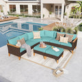 GREEN PARTY 8 Pieces Wicker Patio Furniture Set, All-Weather Outdoor Rattan Half-Moon Curved Patio Sectional Sofa Conversation Set 8 Seats with 4" Thick Cushions for Backyard, 2 x Ottomans (Blue)