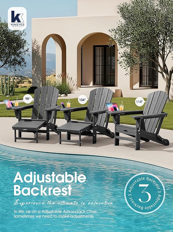 KINGYES Adjustable Folding Adirondack Chair with Footrest & 4-in-1 Multi-Functional Armrest Organizer, HDPE Foldable Reclining Adirondack Chair with Pull-Out Ottoman, Gray