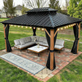 PURPLE LEAF 10' X 14' Hardtop Gazebo Outdoor Wood Grain Aluminum Frame Galvanized Steel Double Roof Gazebos with String Lights for Patio Deck Backyard Garden