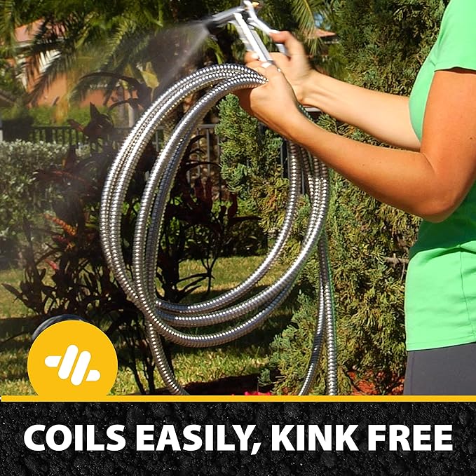 BIONIC STEEL 100 Ft Metal Garden Hose with Sprayer Nozzle, Non Kinking Designed Stainless Steel Heavy Duty Water Hose 100 Ft x 5/8 in. Flexible NON Expandable for Uninterrupted Water Flow, 500 PSI