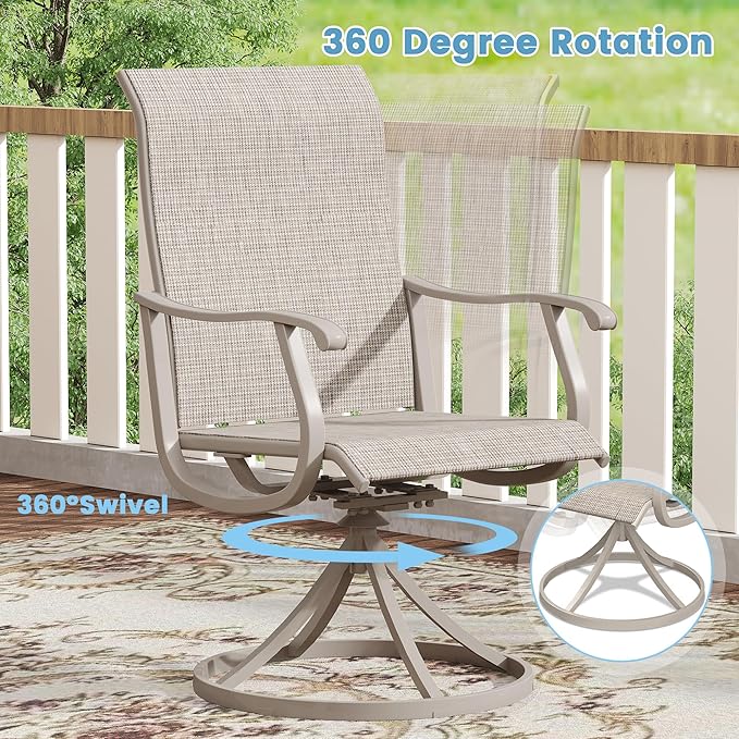 DIFY 5 Pieces Outdoor Patio Dining Set for 4, 37.8" Grey Wood-Like Metal Square Dining Table and 4 Sandshell Textilene Patio Swivel Chairs, Outdoor Table and Chairs
