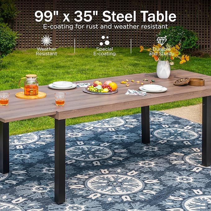 PHI VILLA 7 Piece Outdoor Dining Set for 6, Expandable Wood-Like Metal Dining Table & Wicker Chairs with Cushions, Large Dining Furniture for Patio, Deck, Backyard, Porch