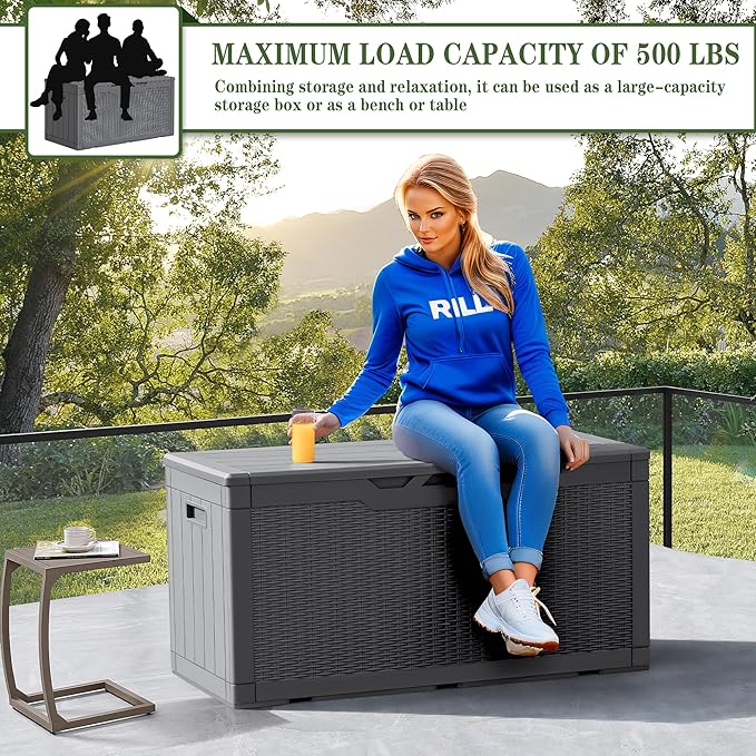 Greesum 100 Gallon Resin Deck Box Large Outdoor Storage, Imitation Rattan Weave Texture for Patio Furniture, Garden Tools, Pool Supplies, Weatherproof and UV Resistant, Lockable, Gray