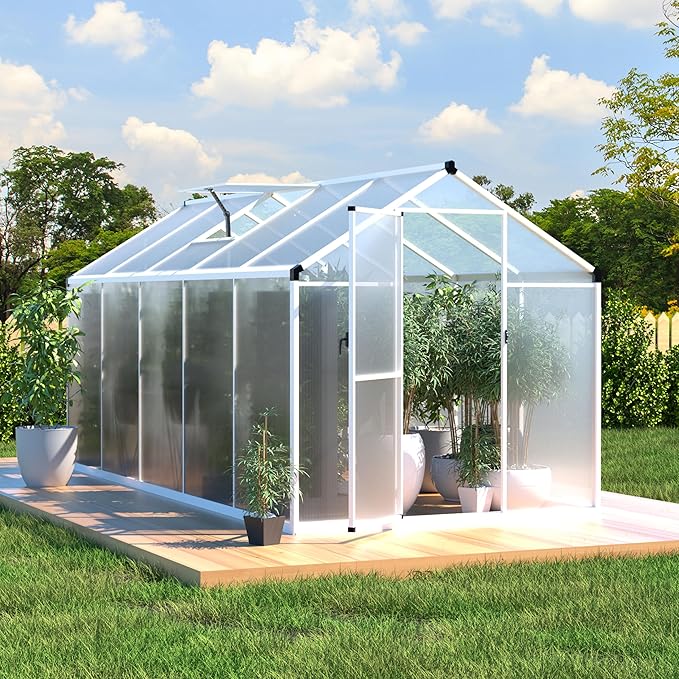 BlueWish 6x10 FT Greenhouses for Outdoors, Cedar Green House with 4-Layers Polycarbonate Panel, Greenhouse Kit with Adjustable Vent & Lockable Door, Walk-in Greenhouse for Outside, Garden, White