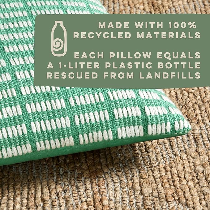 TOWN & COUNTRY TERRA Alara Textured Geo Stripe Handcrafted Indoor Outdoor Decorative Pillow, 100% Recycled Materials, UV Fade Resistant, Water Repellent, Green/Ivory, 14"x20"