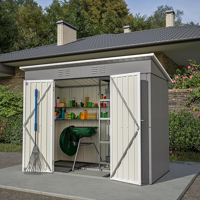 4'x8' Metal Shed Outdoor Storage Shed,Metal Steel Utility Tool Shed Storage House with Double Lockable Doors and Air Vent for Backyard Garden Patio Lawn Gray