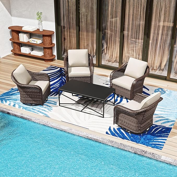 5 Pieces Outdoor Patio Conversation Furniture Set, 4 Pieces Rattan Glider 360 Degree Swivel Rocker Chairs with Removable Cushions, Coffee Table for Porch, Poolside (Beige)