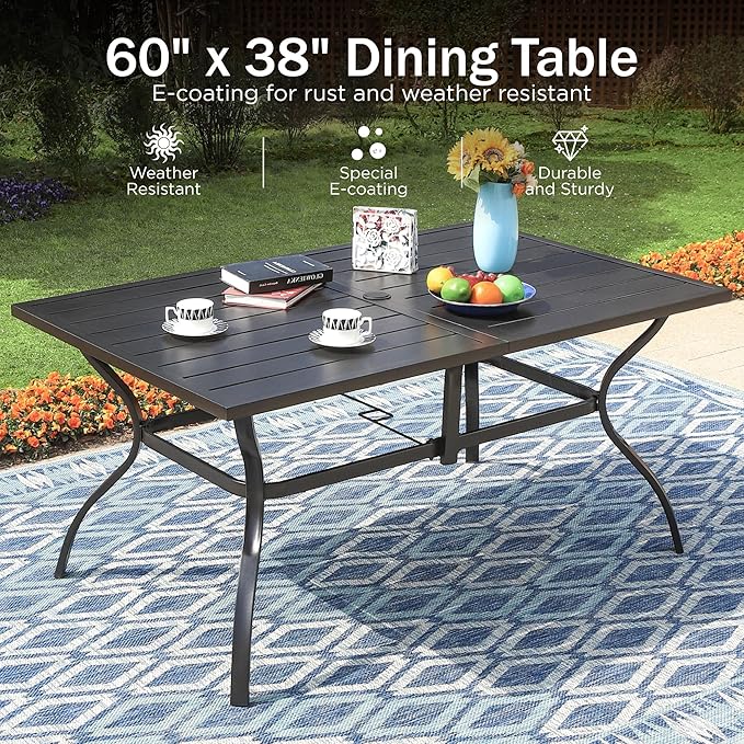 PHI VILLA 7 Pieces Outdoor Dining Set for 6, 60" Rectangle Black Steel Table with Umbrella Hole & Swivel Metal Iron Chairs with Cushions, Modern Furniture for Patio, Deck, Yard, Porch