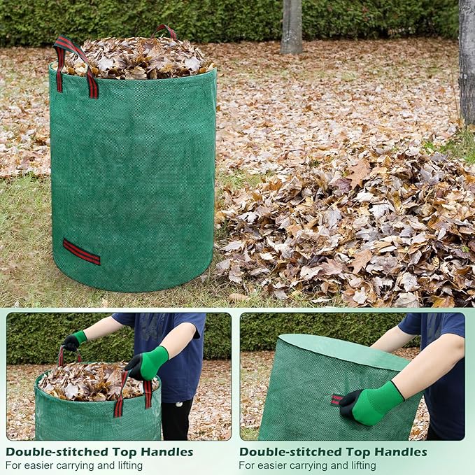 72 Gallons Lawn and Leaf Bags,Reusable Yard Waste Bags with Gardening Gloves,Heavy Duty Garden Bags with 4 Handles for Lawn Care, Camping & Recycling(3 Pack）