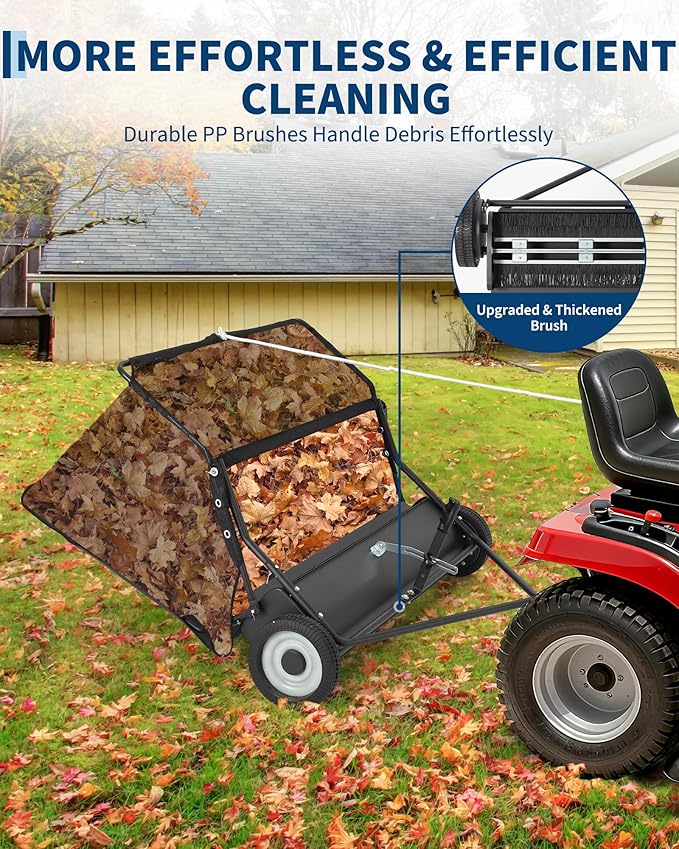 48" Lawn Sweeper Tow Behind, Heavy Duty Yard Sweeper Pull Behind with 25 Cu.Ft Large Hopper & Adjustable Sweeping Height, Universal Leaf Grass Collector for Tractor ATV UTV, Black