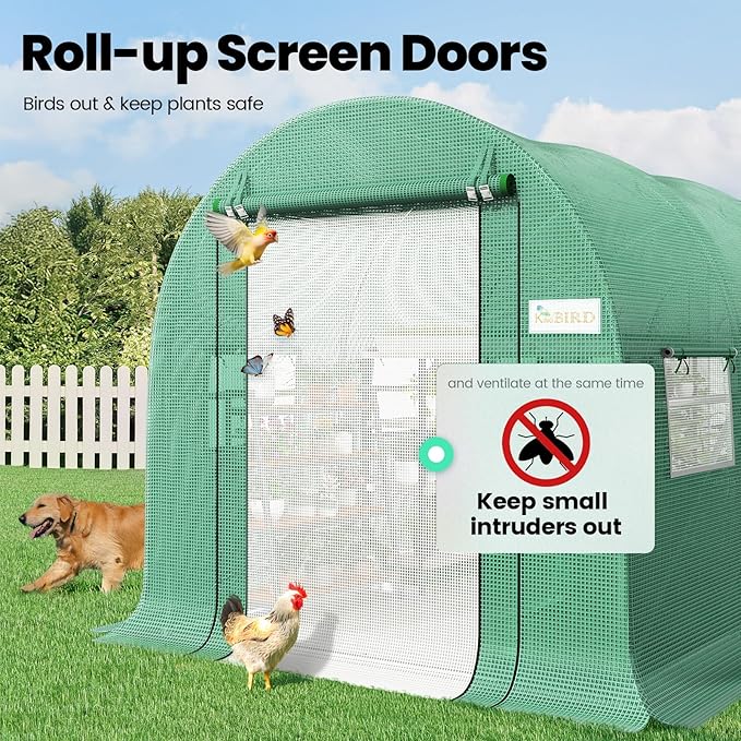 KING BIRD Premium 15x6.6x6.6FT Greenhouse for Outdoors, Large Walk-in Heavy Duty Galvanized Frame, Screen Mesh Door Window Reinforced Zipper Tunnel Hoop for Garden Plant Winter, Green