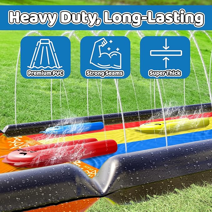 JAMBO Premium Triple Water Slide with 3 Bodyboards, 20Ft Heavy Duty Slip Splash and Slides-Advanced 3-Way Sprinkler System, Splash Pad Mat Backyard Summer Outdoor Water Toys n Long Slides for Kids