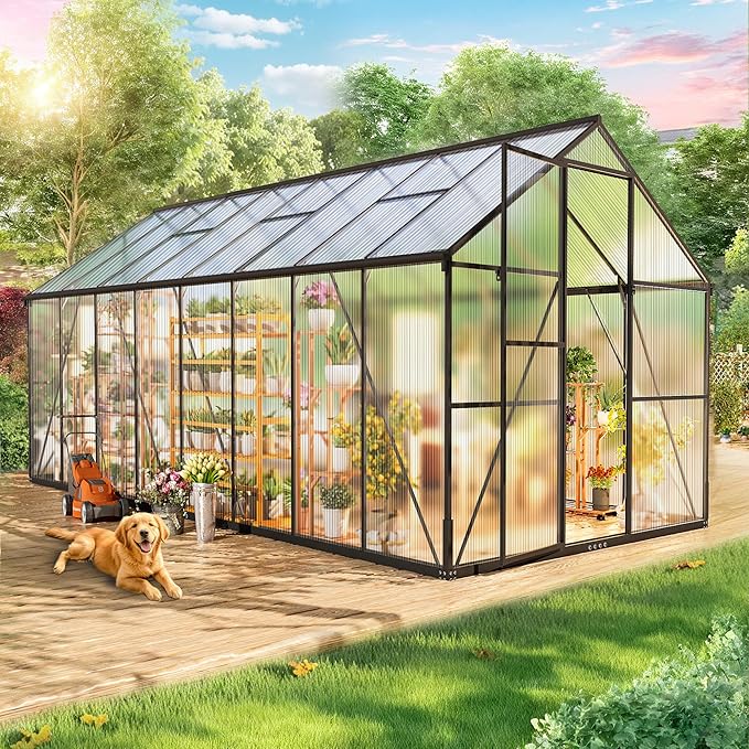 Wanan 16x8FT Greenhouses for Outdoors, Quick Assembly Polycarbonate Green House with UV Protection, Heavy Duty Windproof Aluminum Frame, Adjustable Roof Vent for Backyard or Outdoor Garden Use