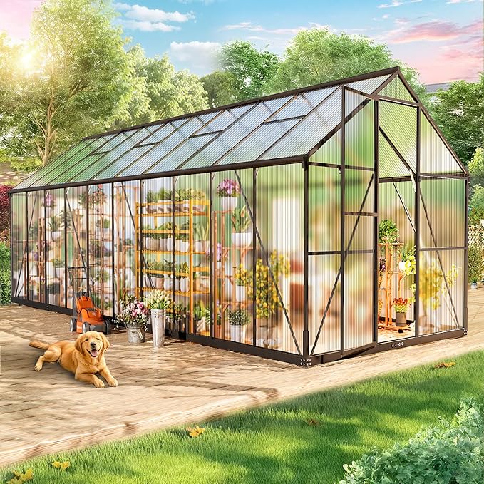 Wanan 20x8FT Greenhouses for Outdoors, Quick Assembly Polycarbonate Green House with UV Protection, Heavy Duty Windproof Aluminum Frame, Adjustable Roof Vent for Backyard or Outdoor Garden Use