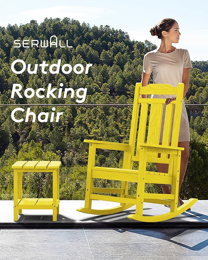 SERWALL Outdoor Rocking Chair Set of 4, Patio Rocking Chairs Set, HDPE Rocking Chair Outdoor for Adults, Heavy Duty Front Porch Rocker, Yellow