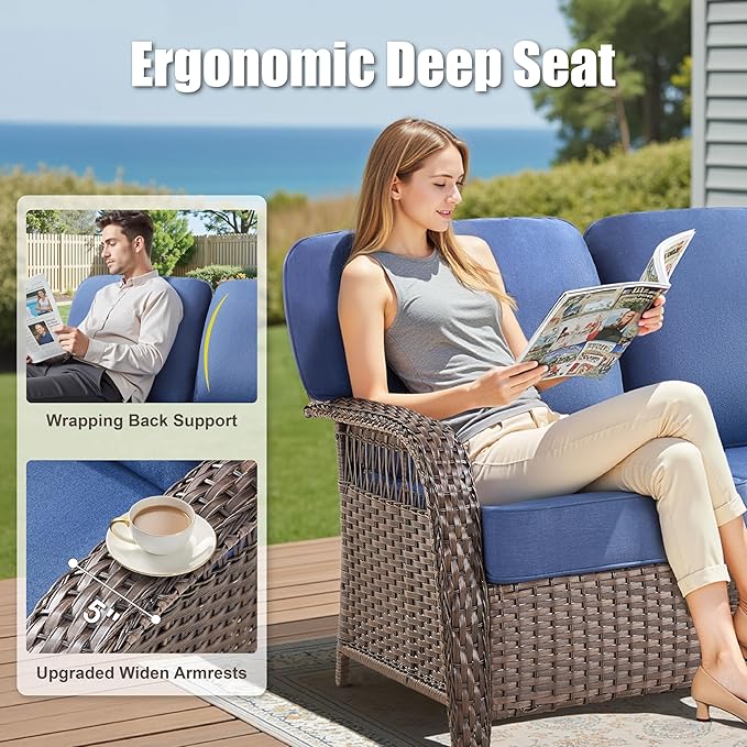 9 Pieces Patio Furniture Set Outdoor Sectional Sofa Couch with Rocking Swivel Chairs 5" Deep Seat Chairs, Modern Wicker Rattan Conversation Set, Blue/Brown Wicker