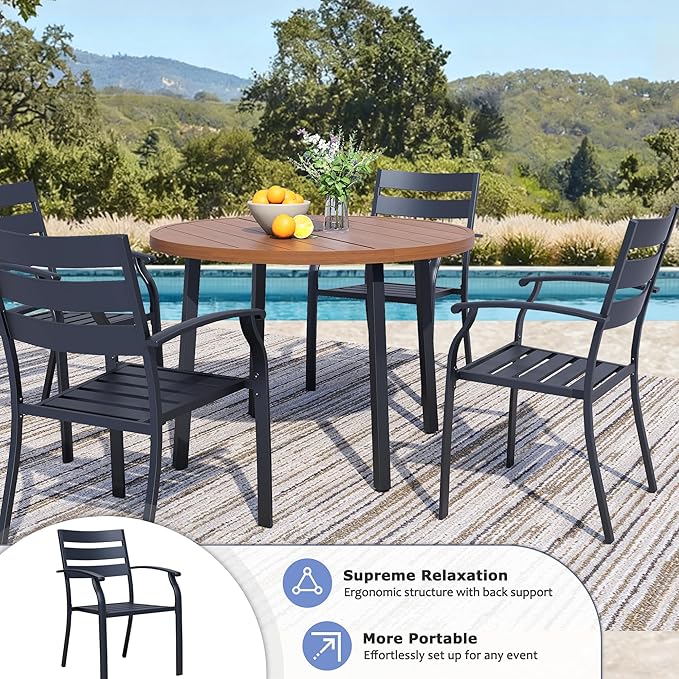 Patio Dining Chairs Set of 2, Black Stackable Outdoor Dining Chairs with Armrest and Wide Back, Wrought Iron Patio Furniture Chairs for Lawn, Backyard, Garden & Deck, Supports 300 LBS