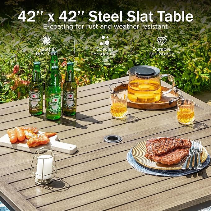 PHI VILLA 5 PCS Patio Dining Set, 4 Patio Swivel Dining Chairs & Square Brown Metal Slat Table Top with 1.57" Umbrella Hole, Outdoor Table and Chairs for All Weahter