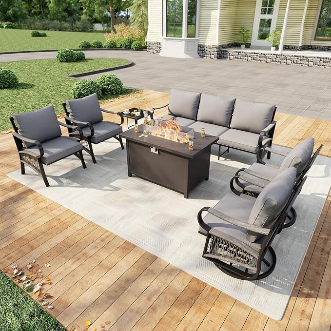 7 Pieces Patio Conversation Sets, All Weather Metal Outdoor Furniture Set, 3-Seater, 2 Swivel Rockers, 2 Single Chairs, 1 Side Tables, 1 Fire Pit Table for Backyard Garden Deck Porch Poolside, Gray