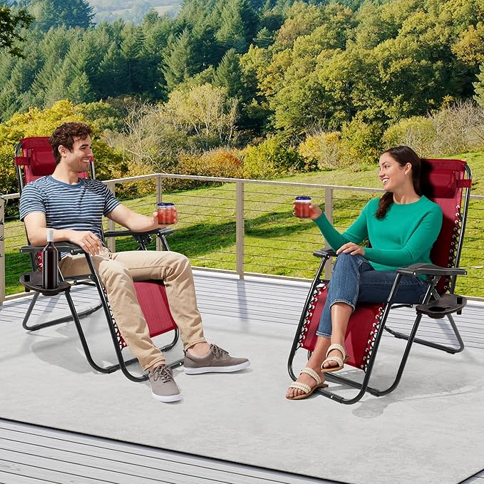 Elevon Zero Gravity Chair with Cup Holder & Removable Pillow, Adjustable Reclining Outdoor Patio Folding Chairs for Adults Portable Lounge Chair Furniture for Poolside, Lawn, Beach, Camping, Red