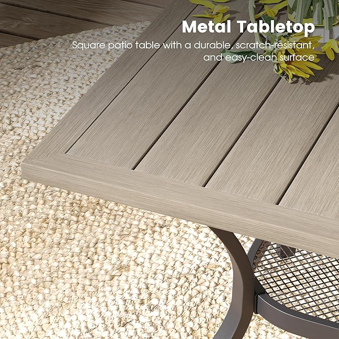 DIFY 5 Pieces Outdoor Patio Dining Set for 4, 37.8" Grey Wood-Like Metal Square Dining Table and 4 Grey Textilene Patio Swivel Chairs, Outdoor Table and Chairs
