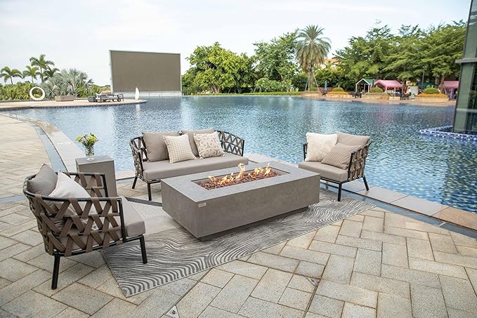 AMS Creations | Madison 60" Bundle Rectangular Natural Gas Outdoor Fire Pit Table | Light Gray Concrete GFRC | Limestone Texture or Surface | Electronic Ignition | Outside Backyard Fireplace
