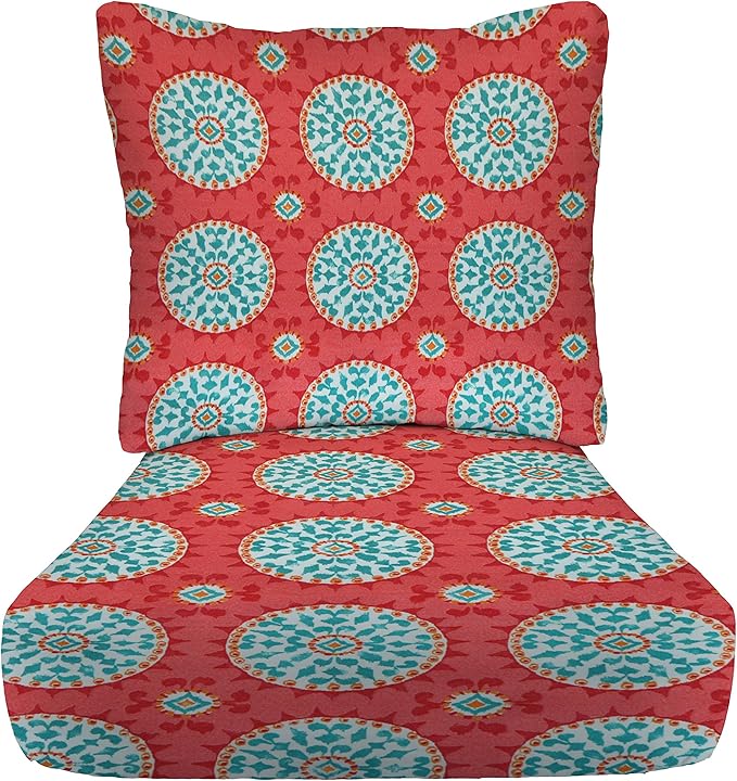 RSH DECOR: Deep Seating Cushion with Pillow Back | 25” x 25” Seat | Water and Fade-Resistant Spun Fabric | Outdoor Chair Cushion Set for Patio Furniture | Watermelon Sundial
