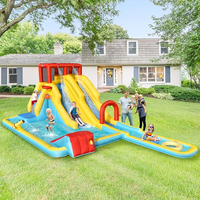 BOUNTECH Inflatable Water Slide, Dual Slides Kids Water Slide Park Jump Bouncy Castle w/2 Swimming Rings, Blower, Large Splash Pool, Backyard Outdoor Blow up Water Slides Inflatables for Big Kids
